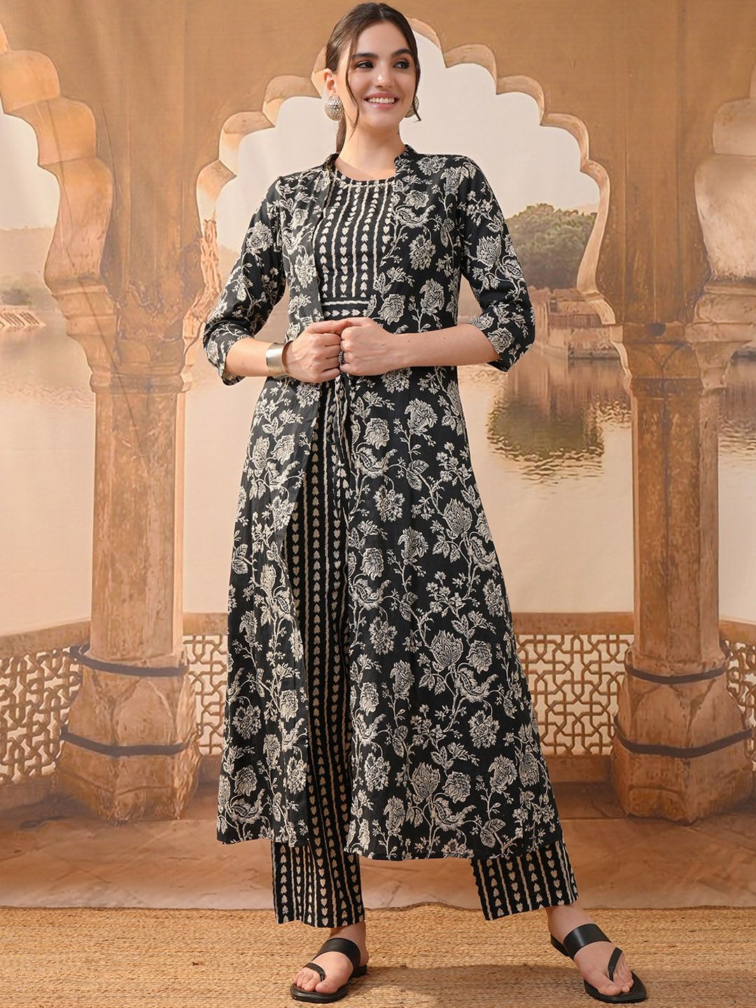 Vishudh Black Printed Top With Trousers & Shrug