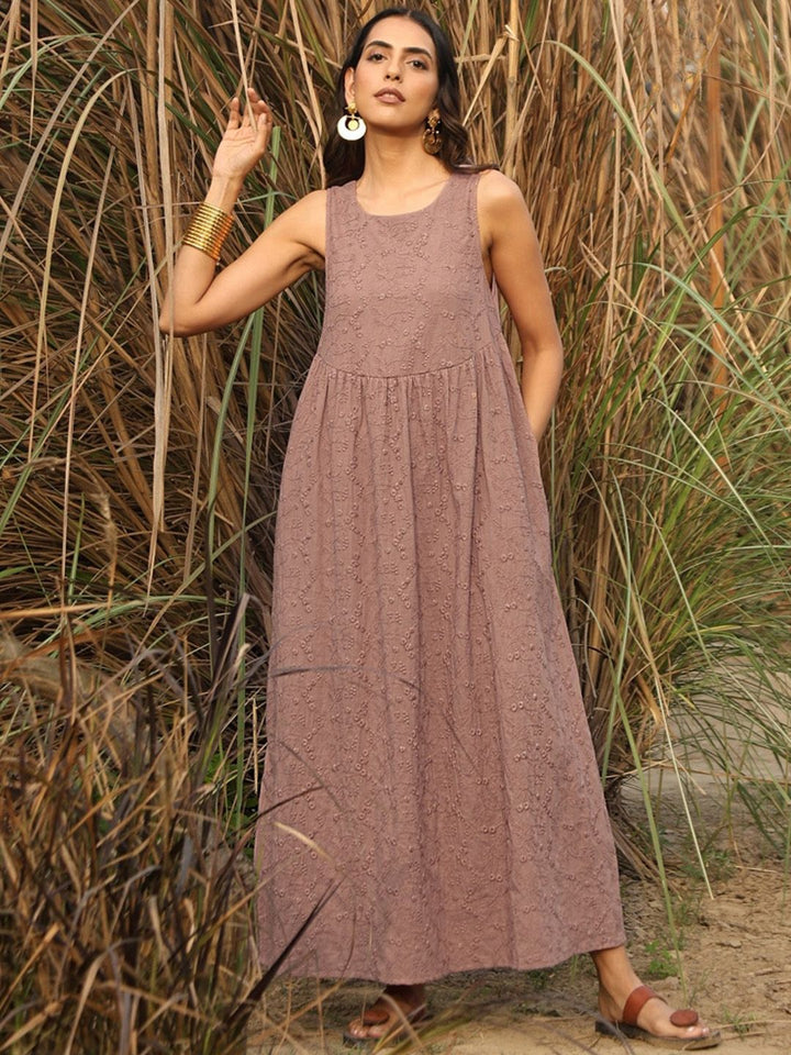 trueBrowns Floral Embroidered Round Neck A-Line Maxi Ethnic Dresses