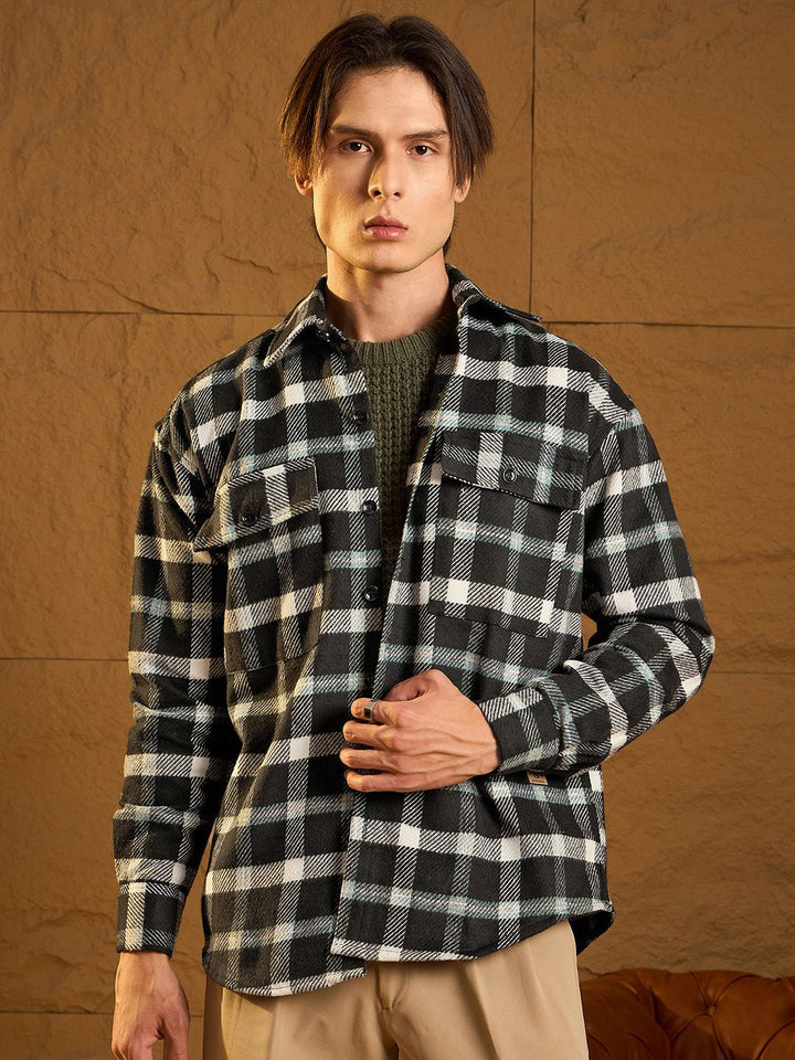 DENNISON Men Double Pocket Drop Shoulder Oversized Cotton Checked Shacket