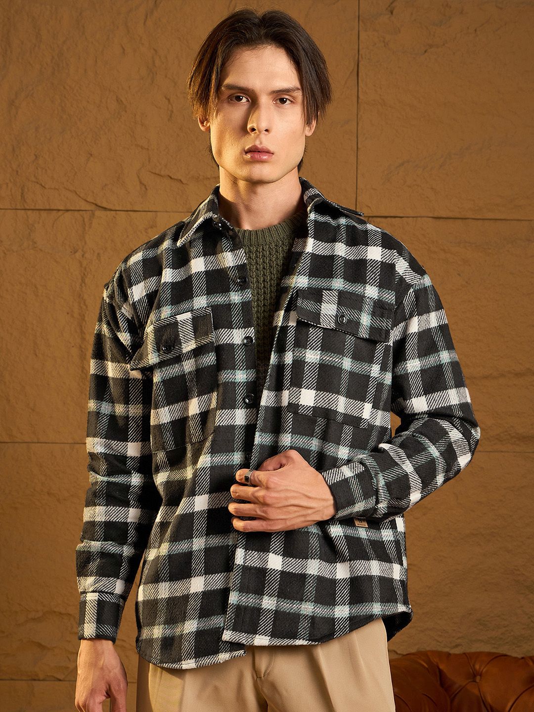 DENNISON Men Double Pocket Drop Shoulder Oversized Cotton Checked Shacket