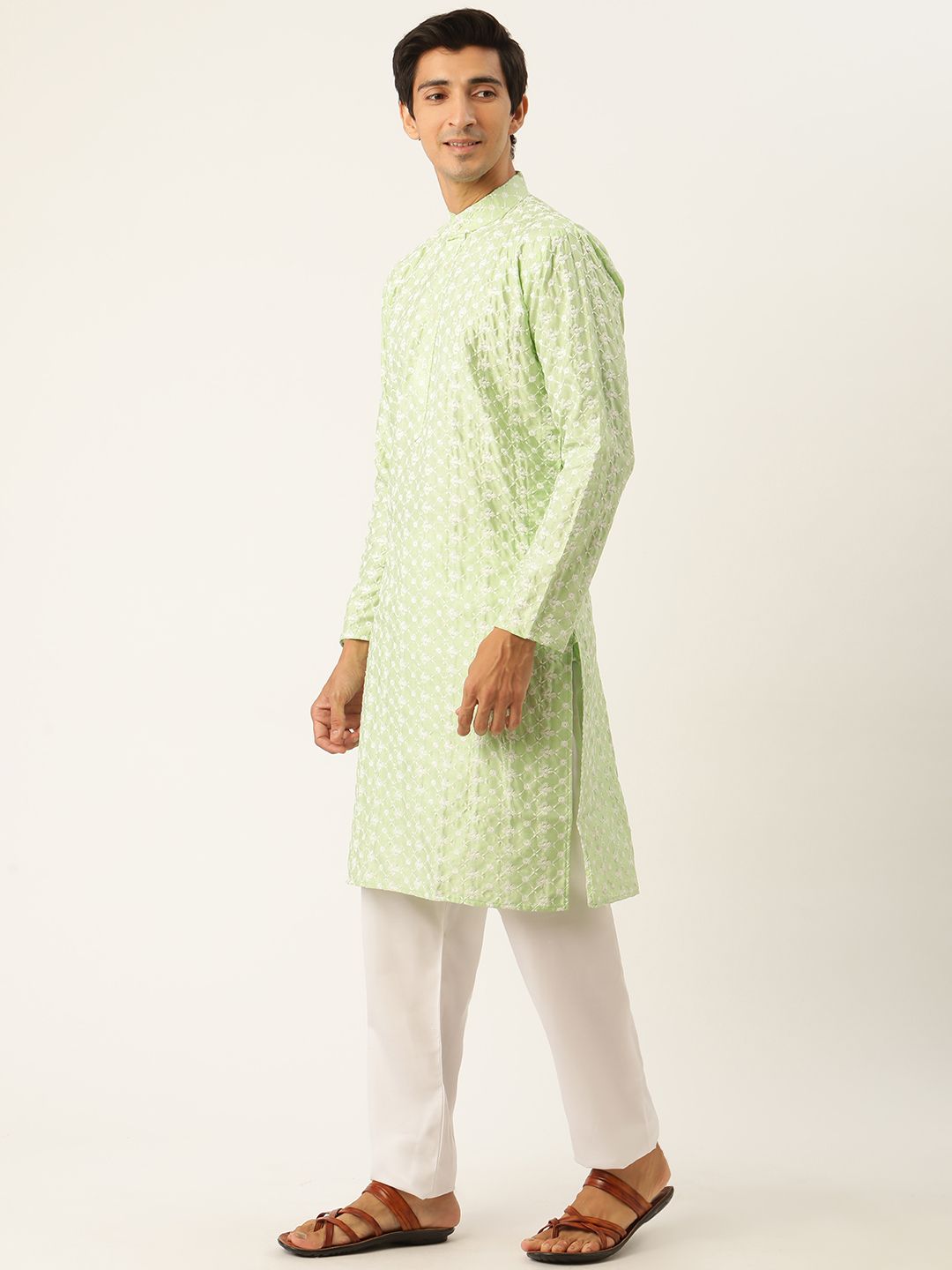 SOJANYA Lelaki Kurta Sulam Hijau Laut & Putih dengan Piyama & Jaket Nehru