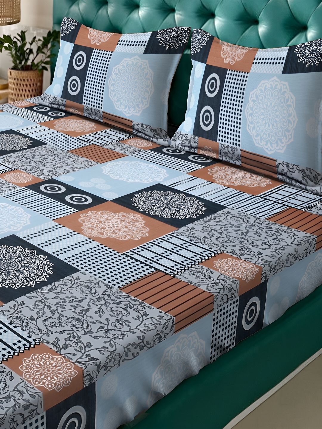 KLOTTHE Blue Ethnic Motifs Cotton 300 TC King Fine Bedsheet with 2 Pillow Covers-98 x 89 inches