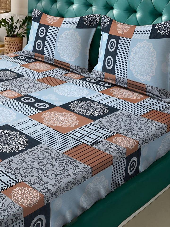 KLOTTHE Blue Ethnic Motifs Cotton 300 TC King Fine Bedsheet with 2 Pillow Covers-98 x 89 inches
