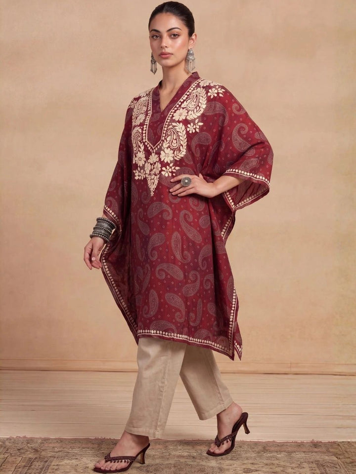 House of Chikankari Women Paisley Printed Thread Work Crepe Kaftan Kurta