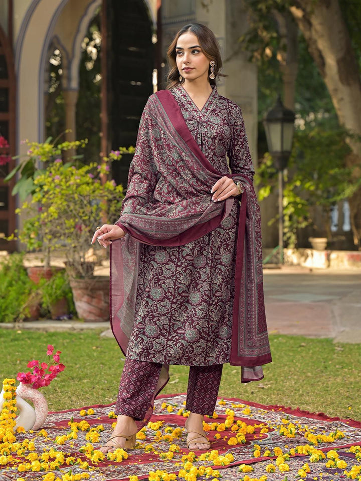 KALINI Floral Printed Pleated Kurta with Trouser & Dupatta