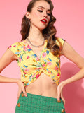 SASSAFRAS Women Bright Yellow Floral Twist and Knot Top