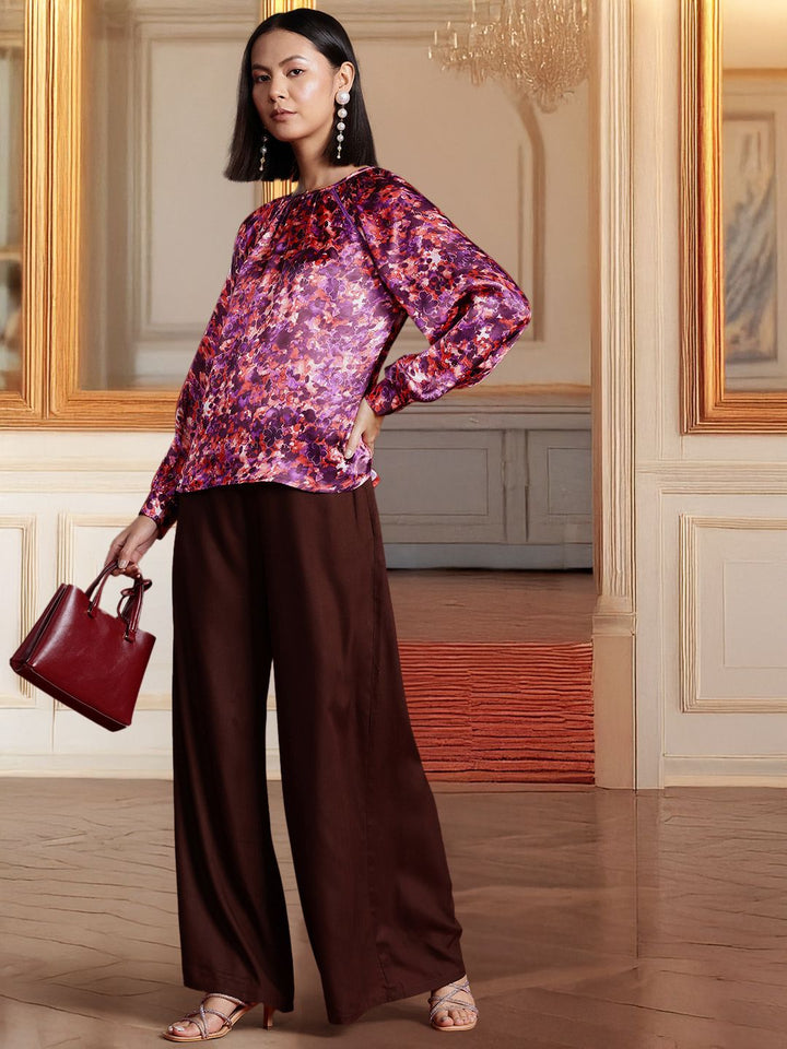 all about you Satin Finish Floral Print Keyhole Neck Top