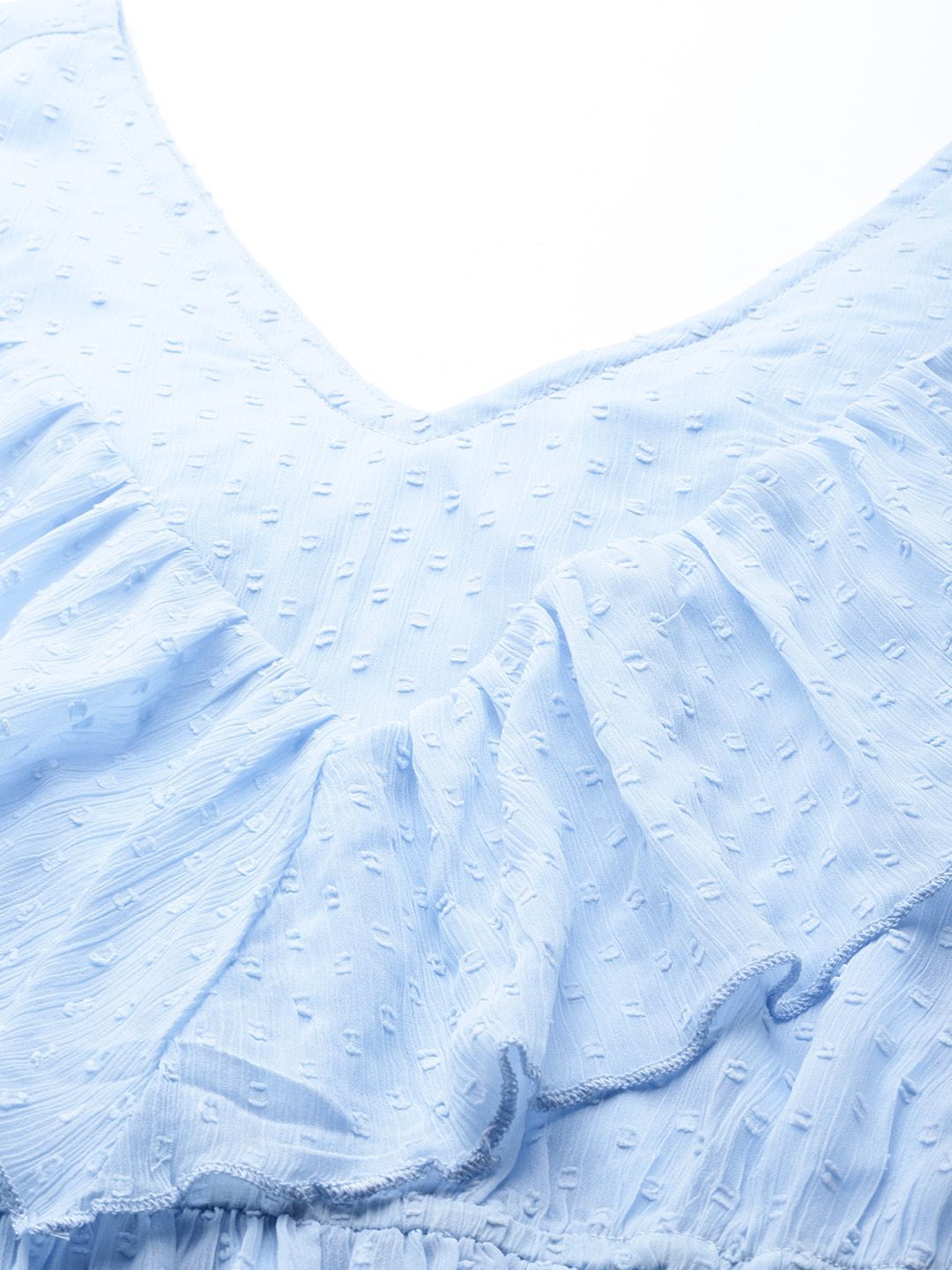 Antheaa Women Blue Dobby Weave Ruffle Detail A-Line Dress