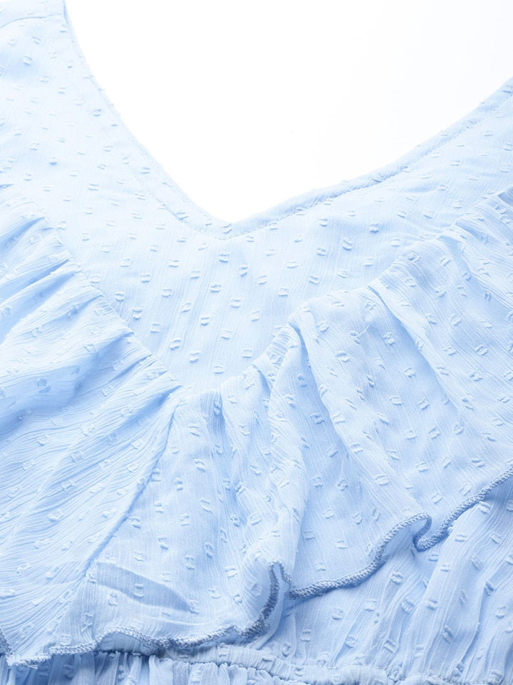 Antheaa Women Blue Dobby Weave Ruffle Detail A-Line Dress