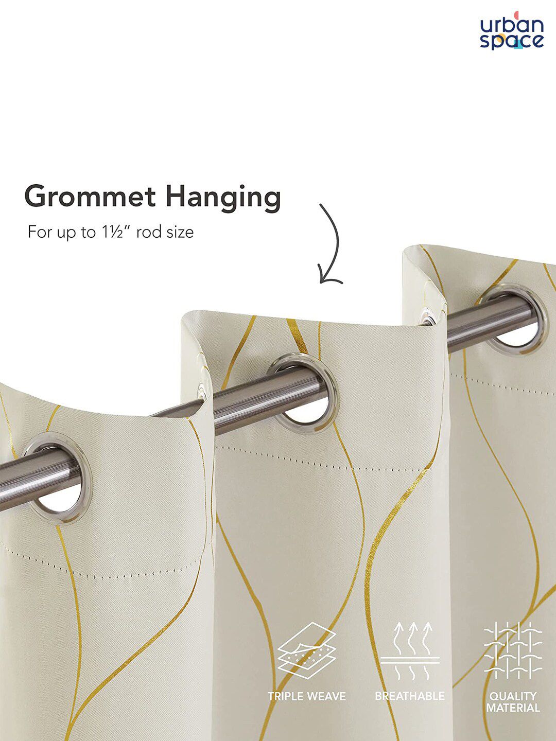 URBAN SPACE Gold Foil Beige Printed Cotton Black Out Window Curtain