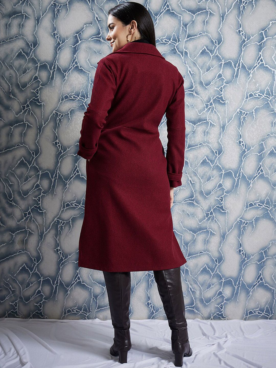 Athena Maroon Notched Lapel Collar Woollen Single Breasted Trench Coat