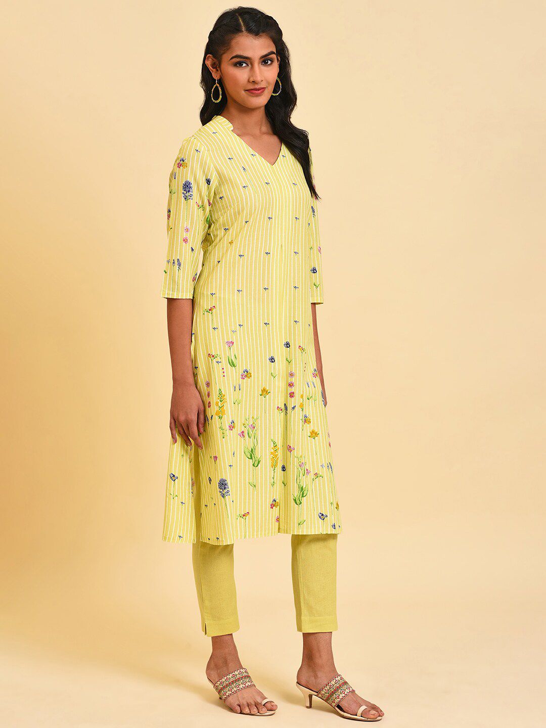 W Floral Printed Band Collar Kurta with Trousers