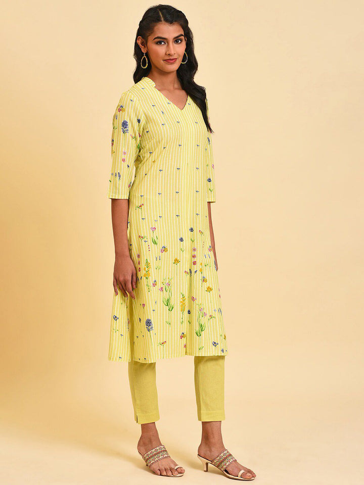 W Floral Printed Band Collar Kurta with Trousers