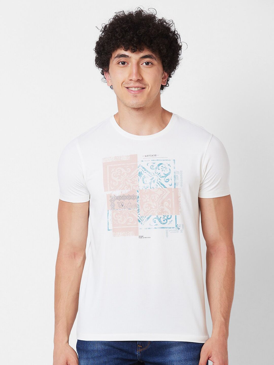 SPYKAR Round Neck Short Sleeves Printed Slim Fit Cotton T-shirt