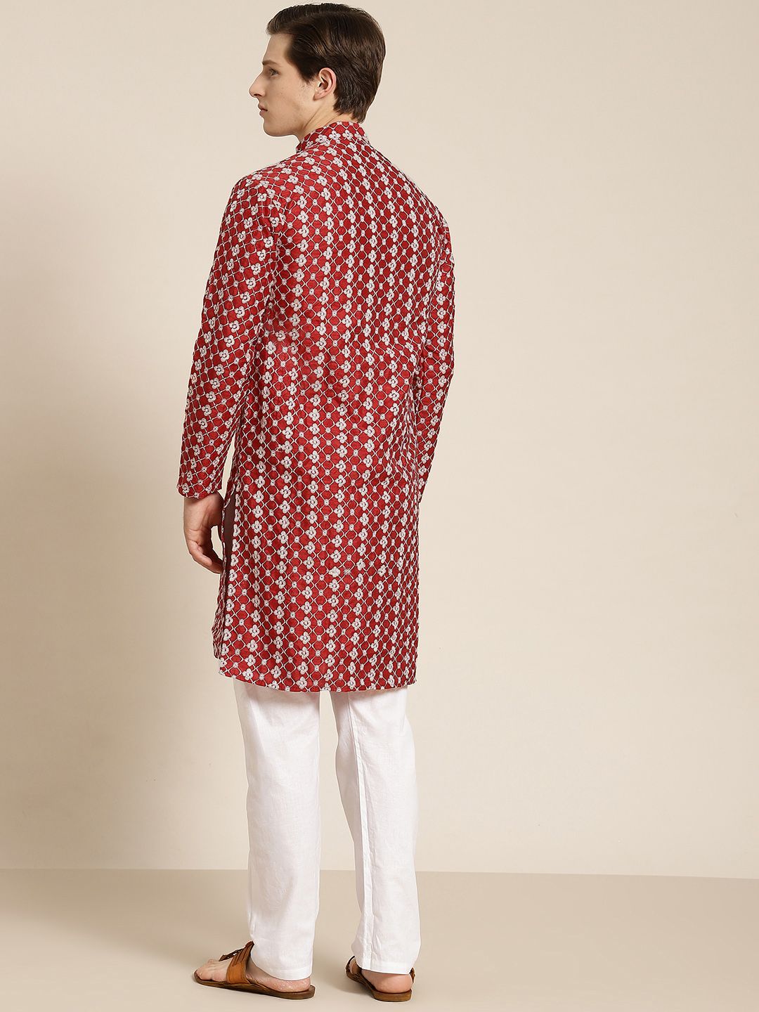 SOJANYA Lelaki Maroon & White Motif Etnik Bersulam Kurta