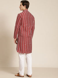 SOJANYA Lelaki Maroon & White Motif Etnik Bersulam Kurta