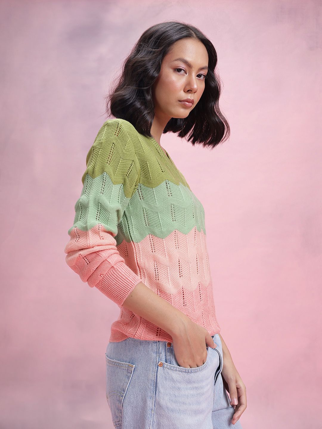 DressBerry Open Knit Striped Pullover
