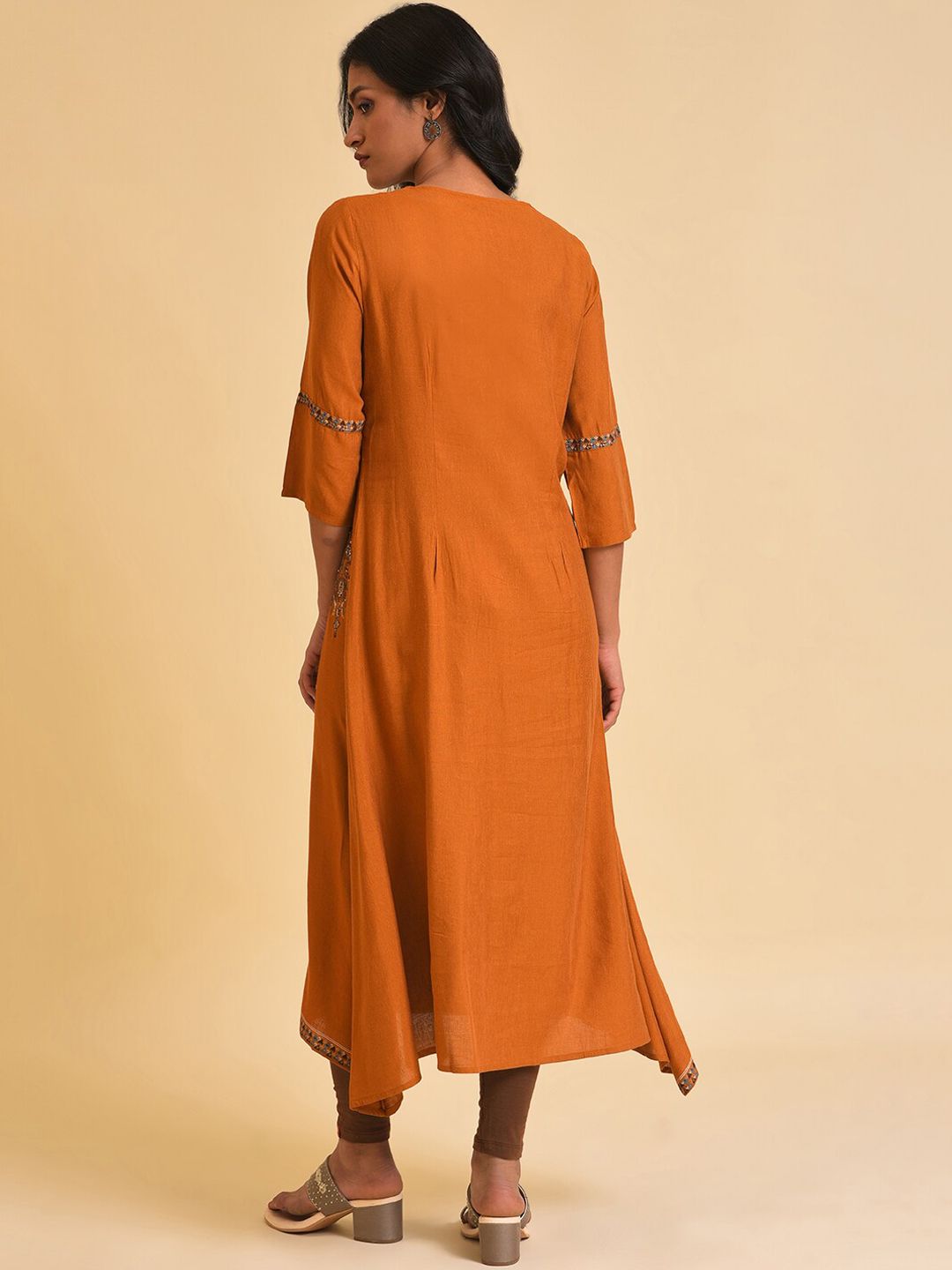 W Rust & Brown Ethnic Motifs Printed Sequined Layered A-Line Kurta
