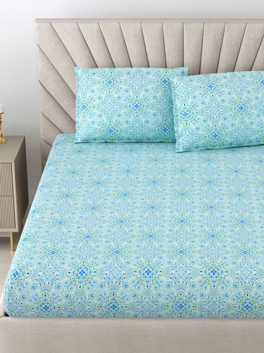 BOMBAY DYEING Turquoise Blue Printed Pure Cotton120 TC Queen Bedsheet Set 2.24 m X 2.54 m
