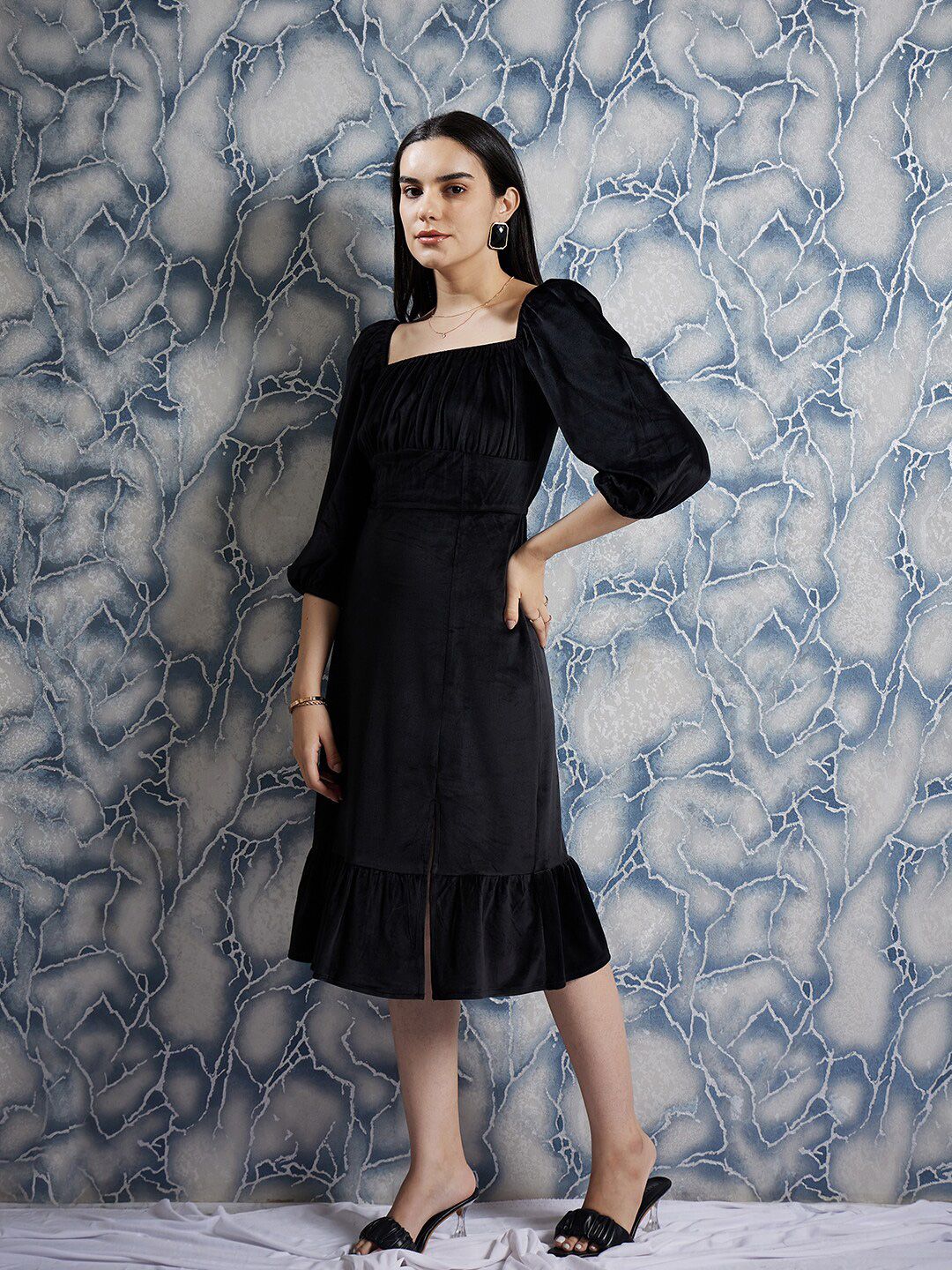 Athena Black Square Neck Puff Sleeves Gathered Detailed Midi Sheath Dress