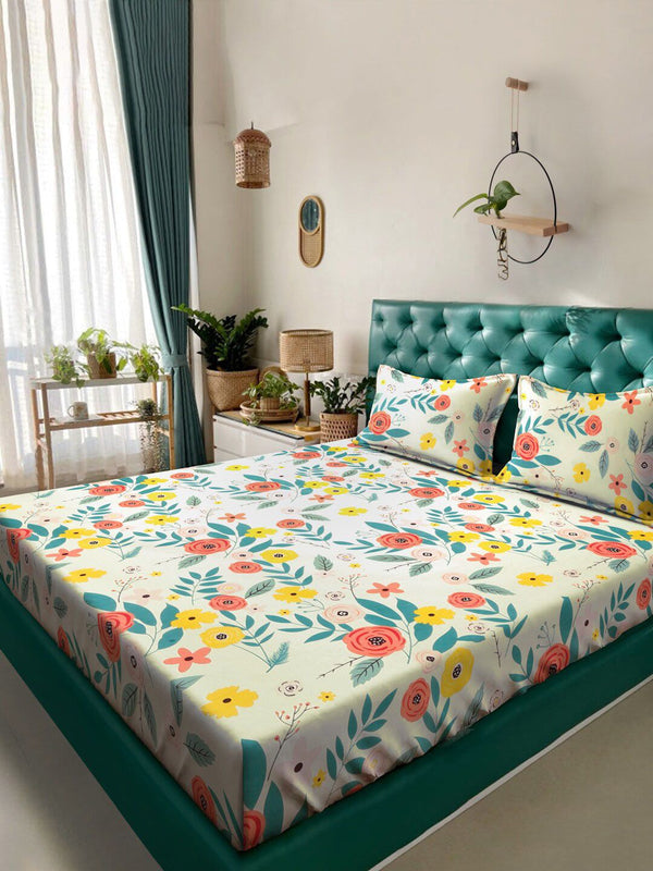 KLOTTHE White & Blue Floral Printed 300 TC King Bedsheet With 2 Pillow covers
