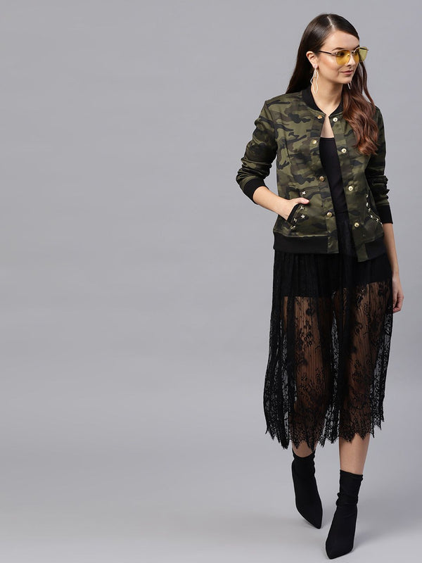 SASSAFRAS Women Olive Green & Black Printed Bomber Jacket