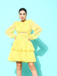 Antheaa Yellow Puff Sleeves Smocked Chiffon Fit & Flare Dress With Cut-Out Detail