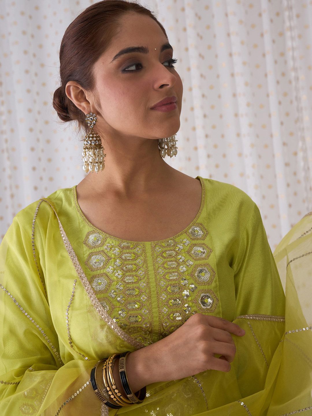 Indo Era Geometric Embroidered Round Neck Liva Straight Kurta with Trousers & Dupatta