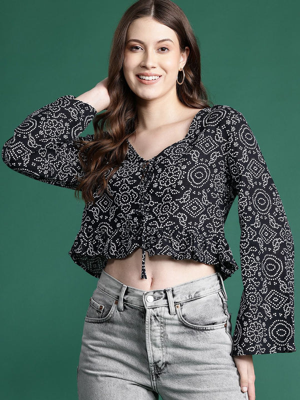 DressBerry Printed Flared Sleeve Cotton Front Tie-Ups Crop Top