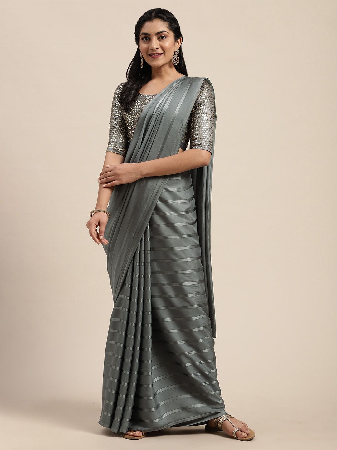 Saree mall Grey Striped Satin Saree