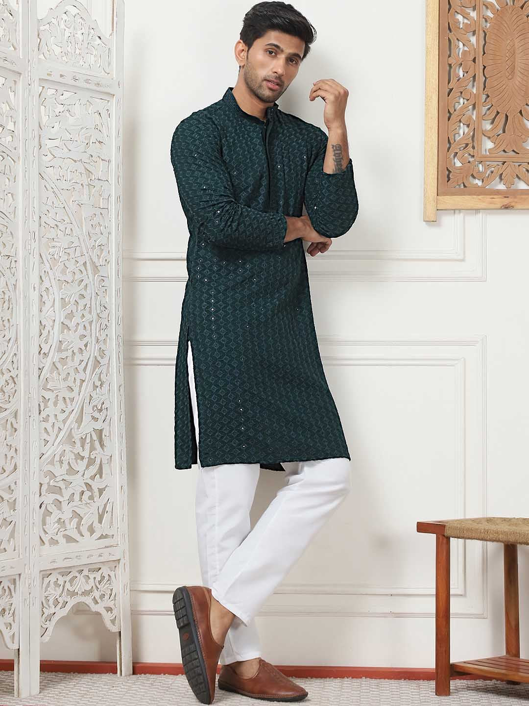 Anouk Green & White Ethnic Motif Embroidered Band Collar Sequinned Kurta With Pyjamas