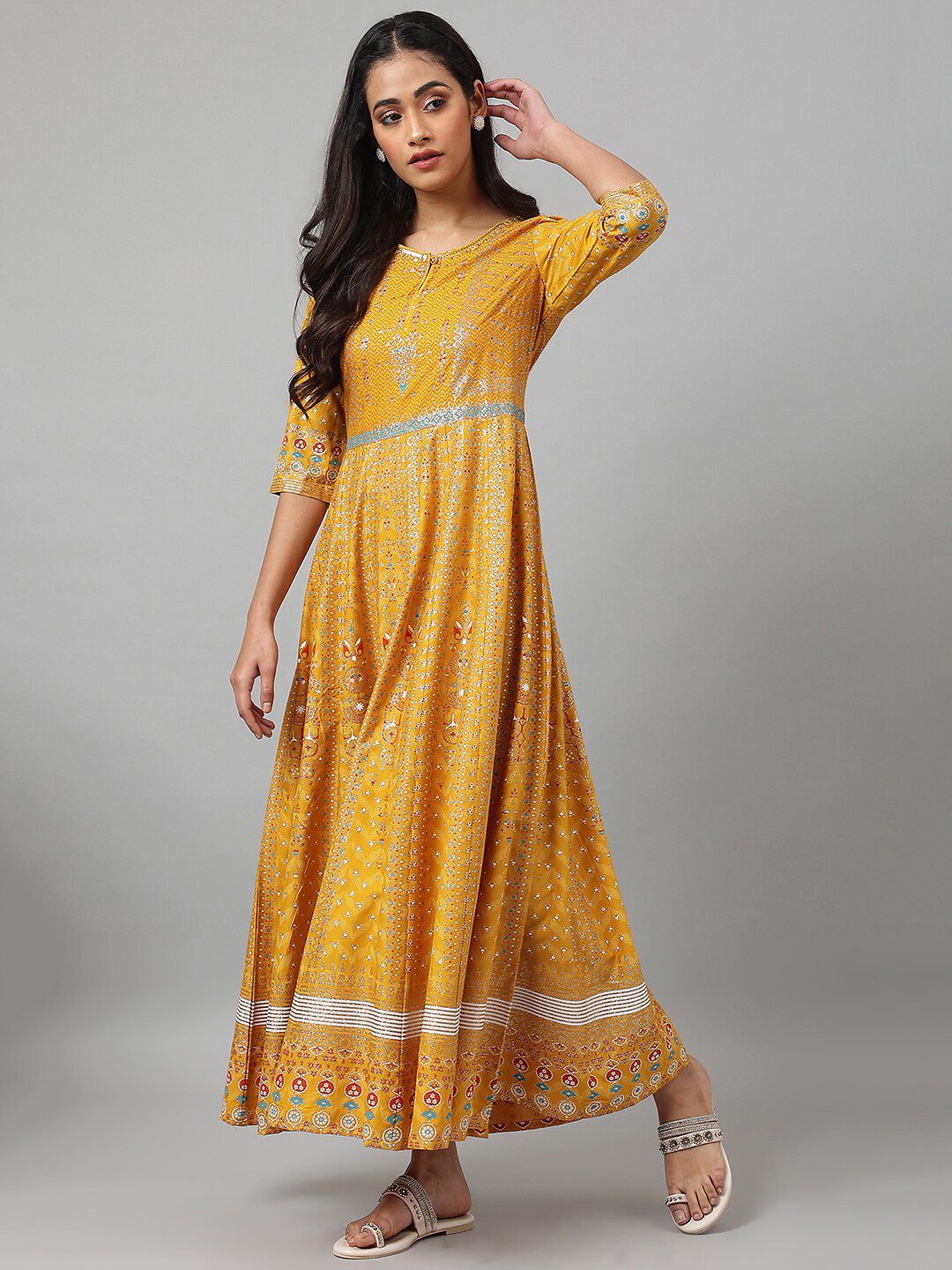W Yellow Ethnic Motifs Keyhole Neck Ethnic Maxi Dress
