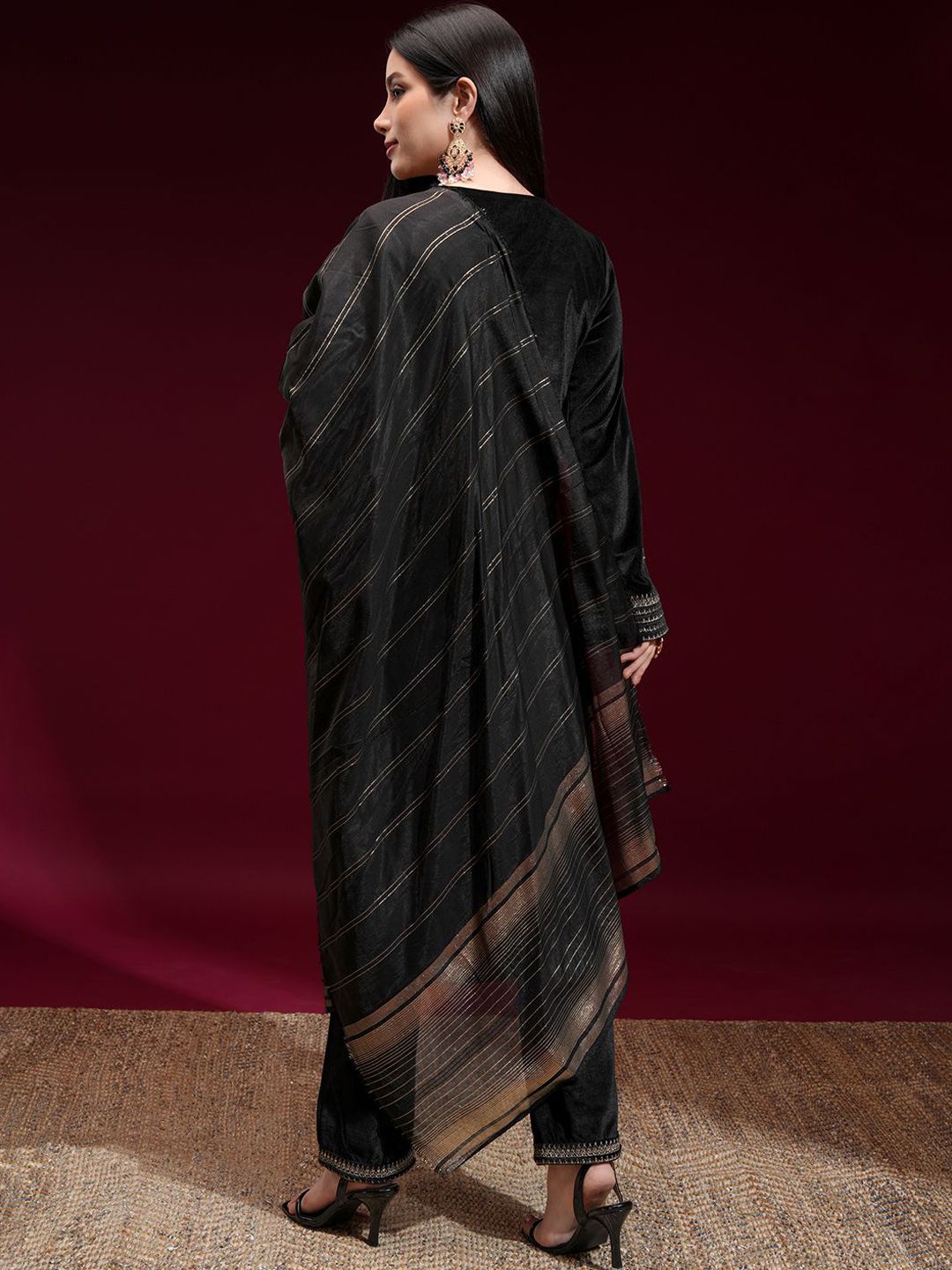 Vishudh Women Embroidered Velvet Straight Kurta with Slim Palazzo and Dupatta
