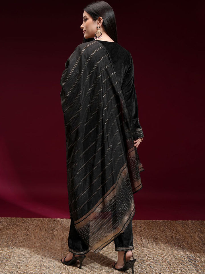 Vishudh Women Embroidered Velvet Straight Kurta with Slim Palazzo and Dupatta
