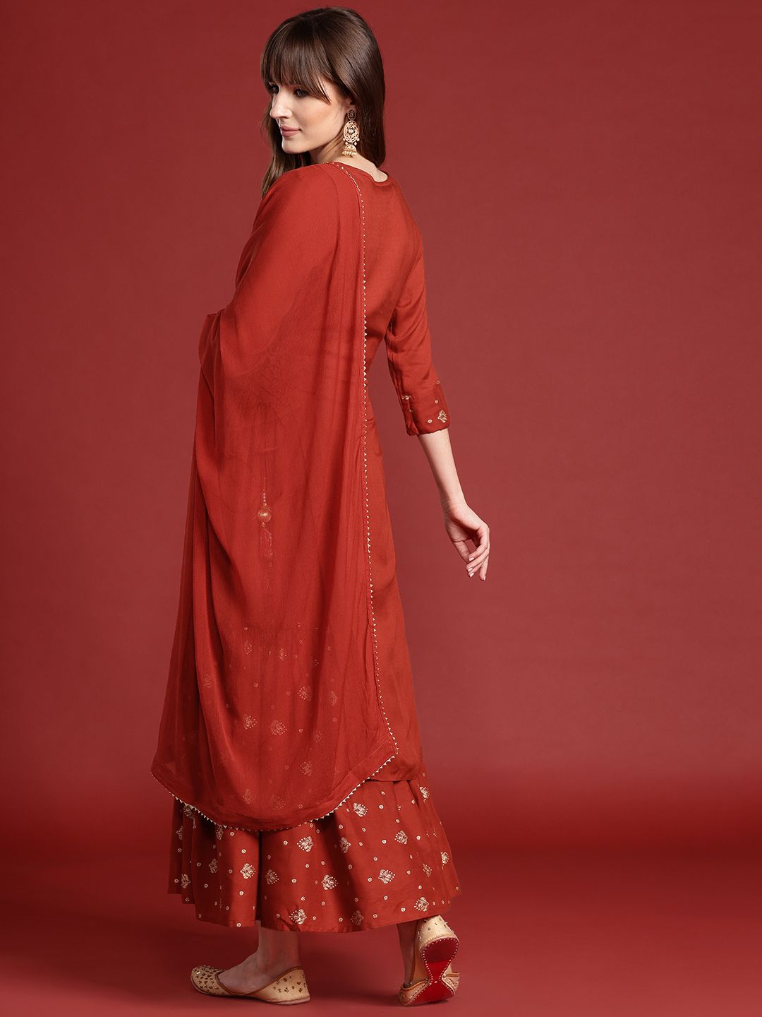 Anouk Ethnic Printed Yoke Embroidered Layered Kurta with Dupatta