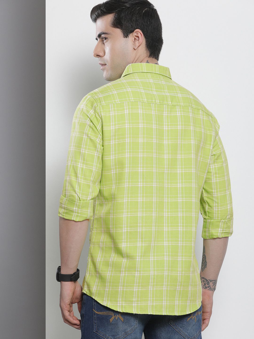 The Indian Garage Co Men Green & White Checked Pure Cotton Casual Shirt