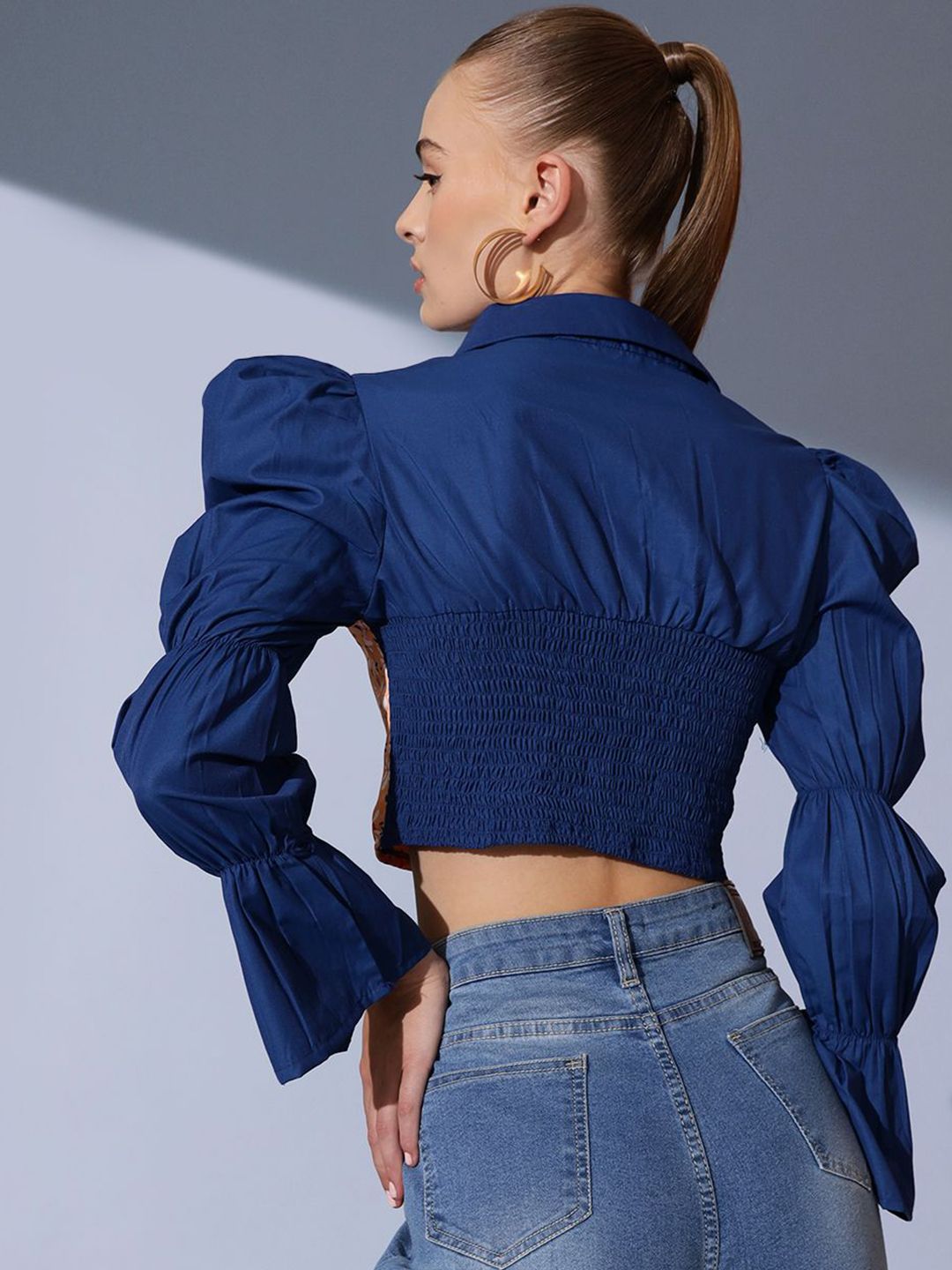 STREET 9 Shirt Collar Floral Printed Crepe Crop Top