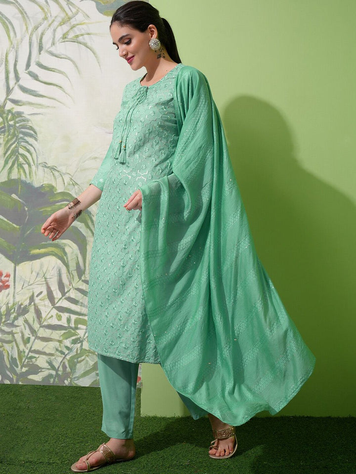 Vishudh Green Embroidered Tie-Up Neck Straight Kurta With Trousers & Dupatta