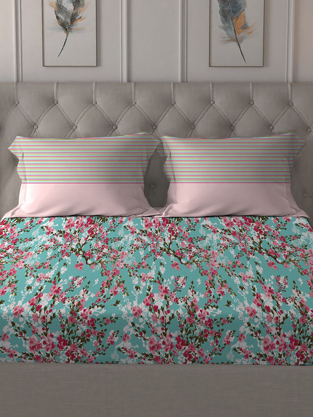 MYTRIDENT Turquoise Blue  Pink Floral Pure Cotton 144 TC Queen Bedsheet  2 Pillow Covers