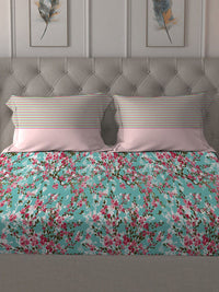 MYTRIDENT Turquoise Blue  Pink Floral Pure Cotton 144 TC Queen Bedsheet  2 Pillow Covers