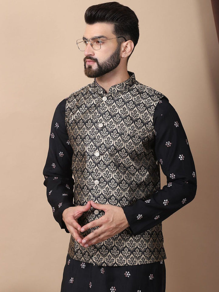 Anouk Black Floral Embroidered Sequinned Cotton Silk Kurta with Churidar & Nehru Jacket