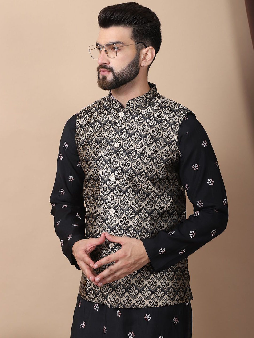 Anouk Black Floral Embroidered Sequinned Cotton Silk Kurta with Churidar & Nehru Jacket