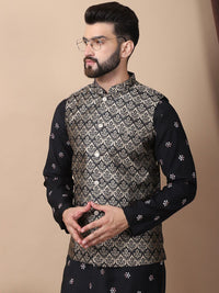 Anouk Black Floral Embroidered Sequinned Cotton Silk Kurta with Churidar & Nehru Jacket