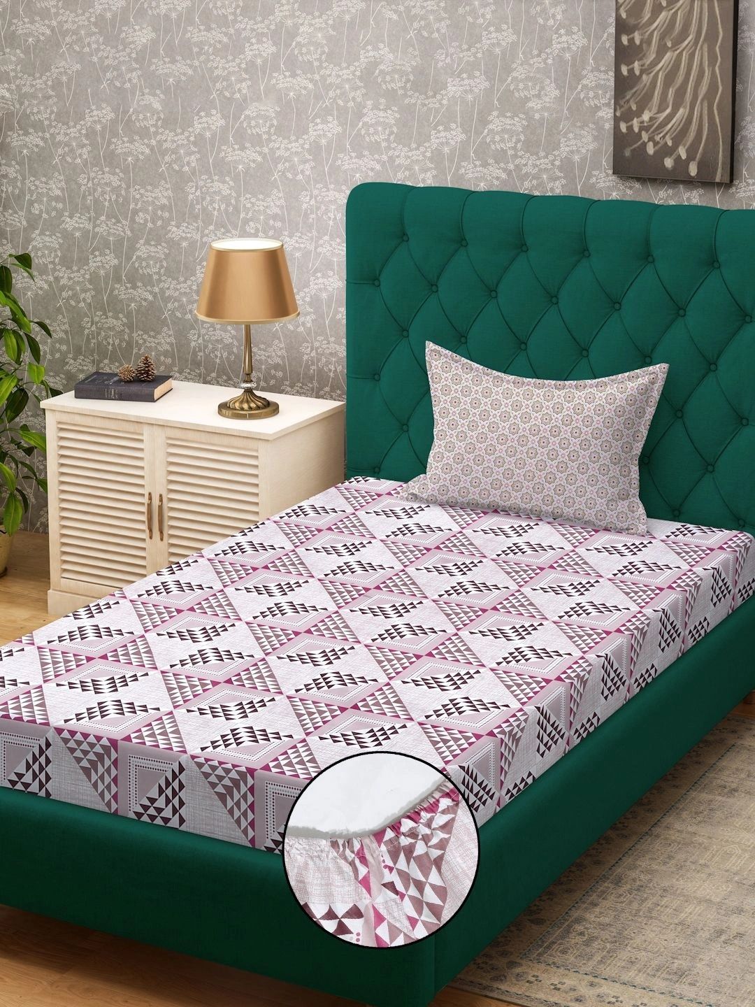 Myntra Elegant Homes Pink Geometric 400 TC Single Bedsheet with 1 Pillow Covers