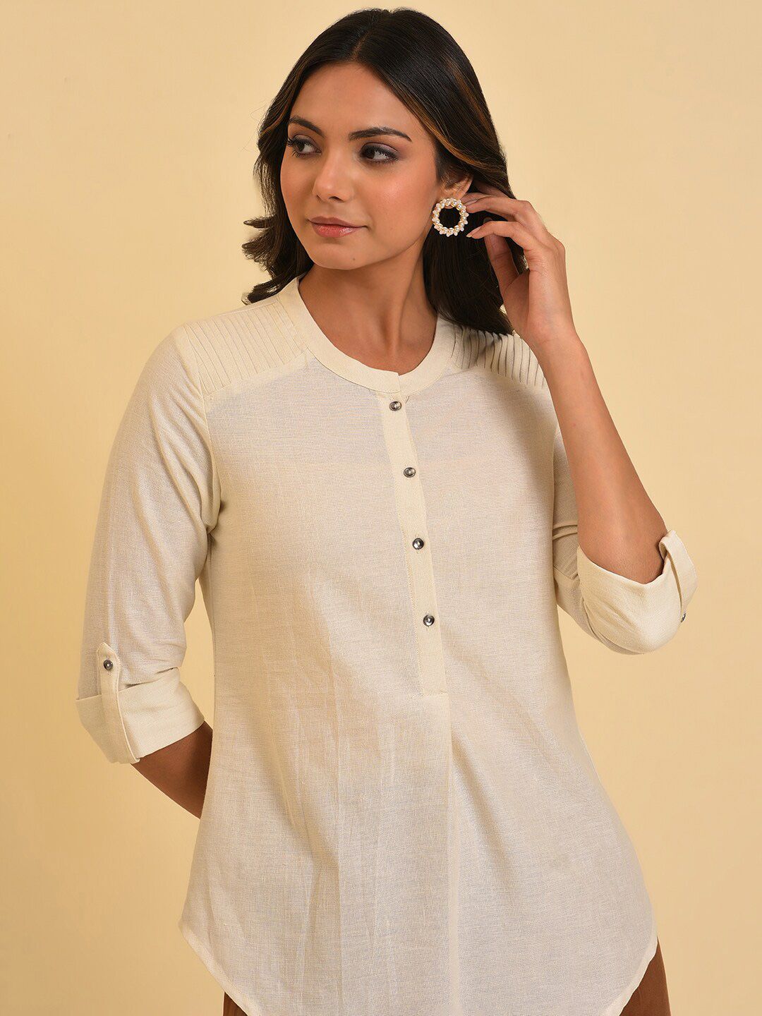 W Mandarin Collar Roll-Up Sleeves Cotton Shirt Style Top