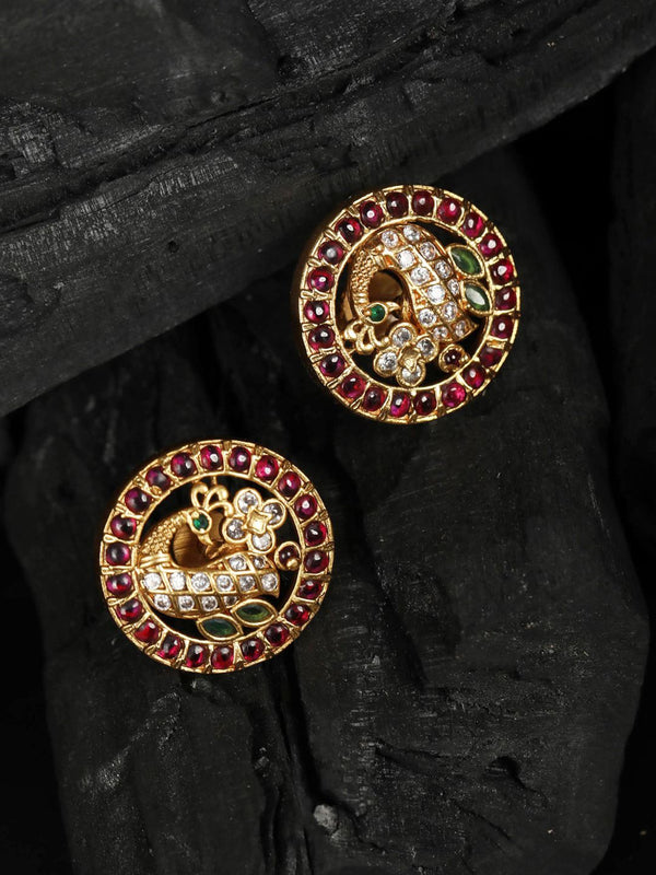 Priyaasi American Diamond Maroon Gold Peacock Peacock Contemporary Stud Earrings