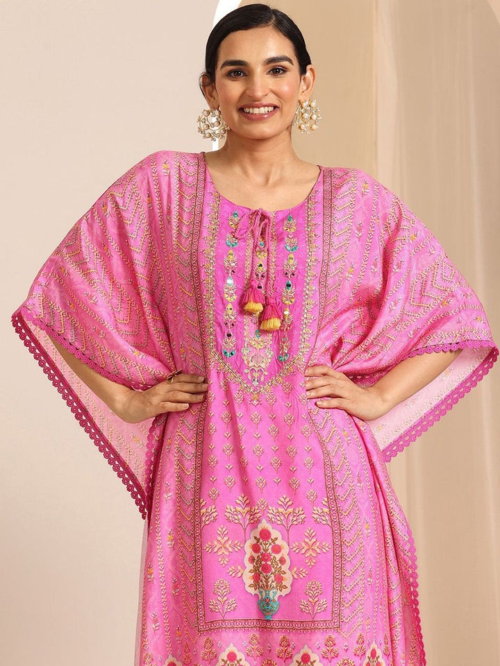 Libas Ethnic Motifs Printed Panelled Mirror Work Tie-Up Neck Kaftan Kurta With Salwar