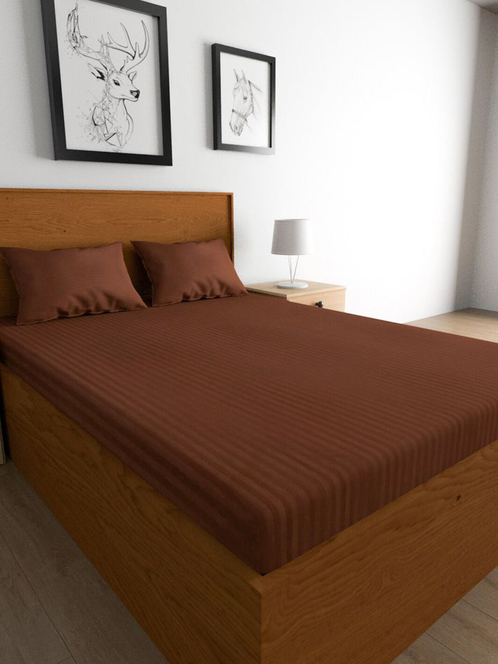 TEAL BY CHUMBAK Coffee Brown Striped Satin 210 TC Queen Bedsheet with 2 Pillow Covers