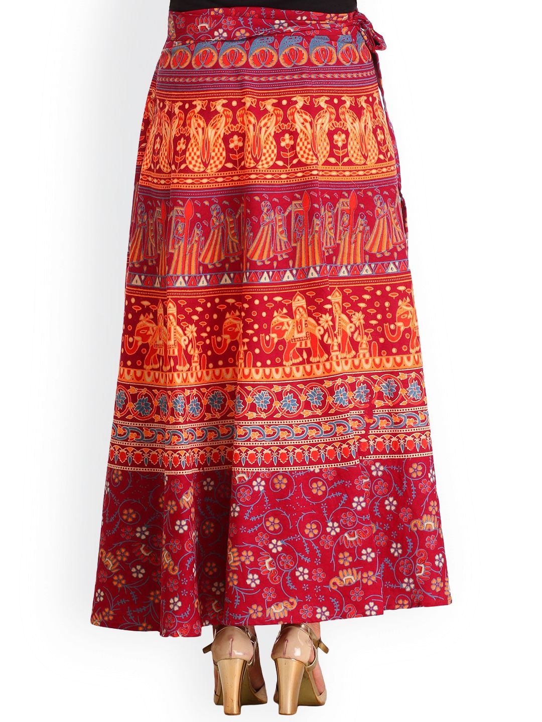 Exotic India Wrap-Around Mauve Wine Long Skirt with Printed Wedding Scenes