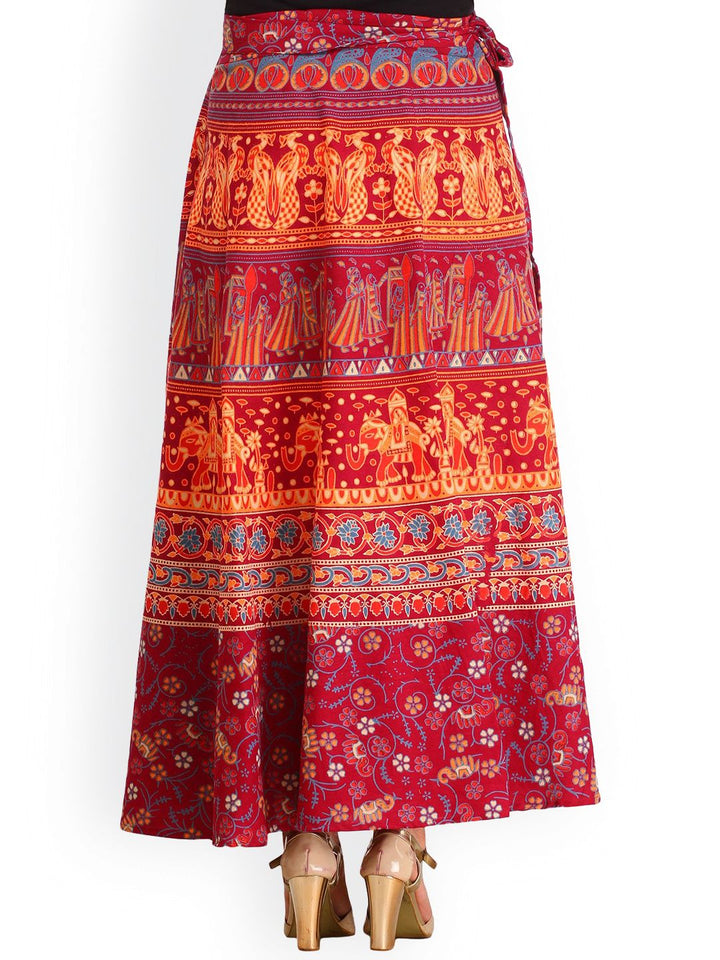 Exotic India Wrap-Around Mauve Wine Long Skirt with Printed Wedding Scenes